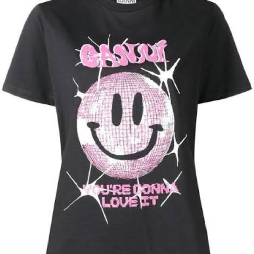 Ganni Black Tee with Pink Disco Smiley Graphic